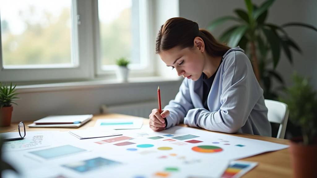 Designer travaillant à un bureau moderne avec des échantillons de couleurs et des croquis de conception