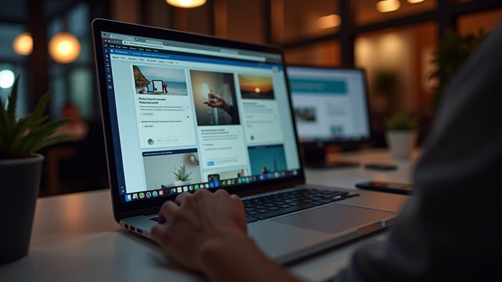 Écran d'ordinateur portable affichant une interface de conception avec des cartes organisées en grille responsive et outils d'édition