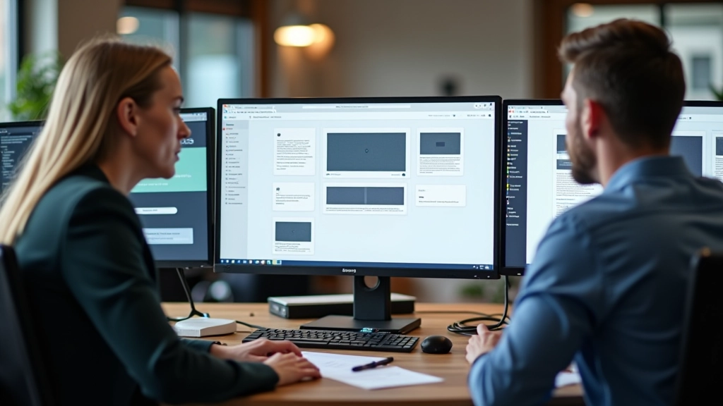 Espace de travail moderne avec écrans affichant des designs de cartes modulaires, ambiance créative et professionnelle