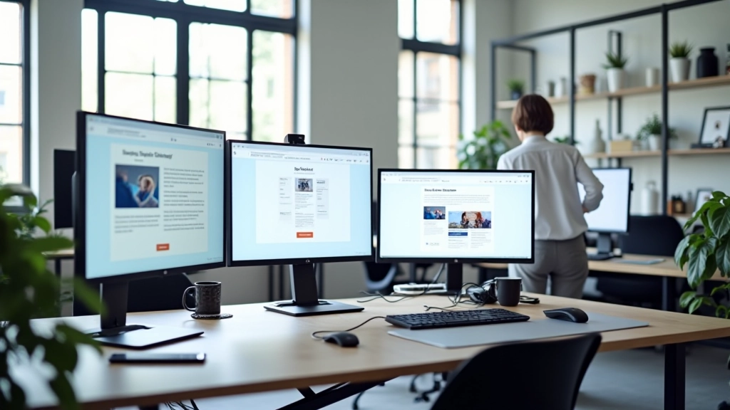 Studio de design moderne avec écrans multiples affichant des mises en page de cartes, espace de travail lumineux avec design systems visibles