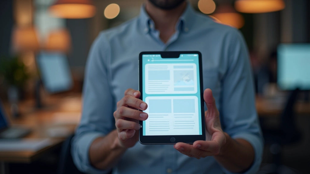Tablette affichant une conception de carte interactive avec effets de survol, mains interagissant avec l'interface numérique